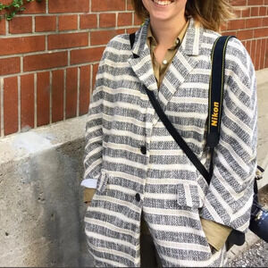 Zara Long Line Striped Gray Coat  Pockets Women's Size Medium‎ Bloggers Favorite